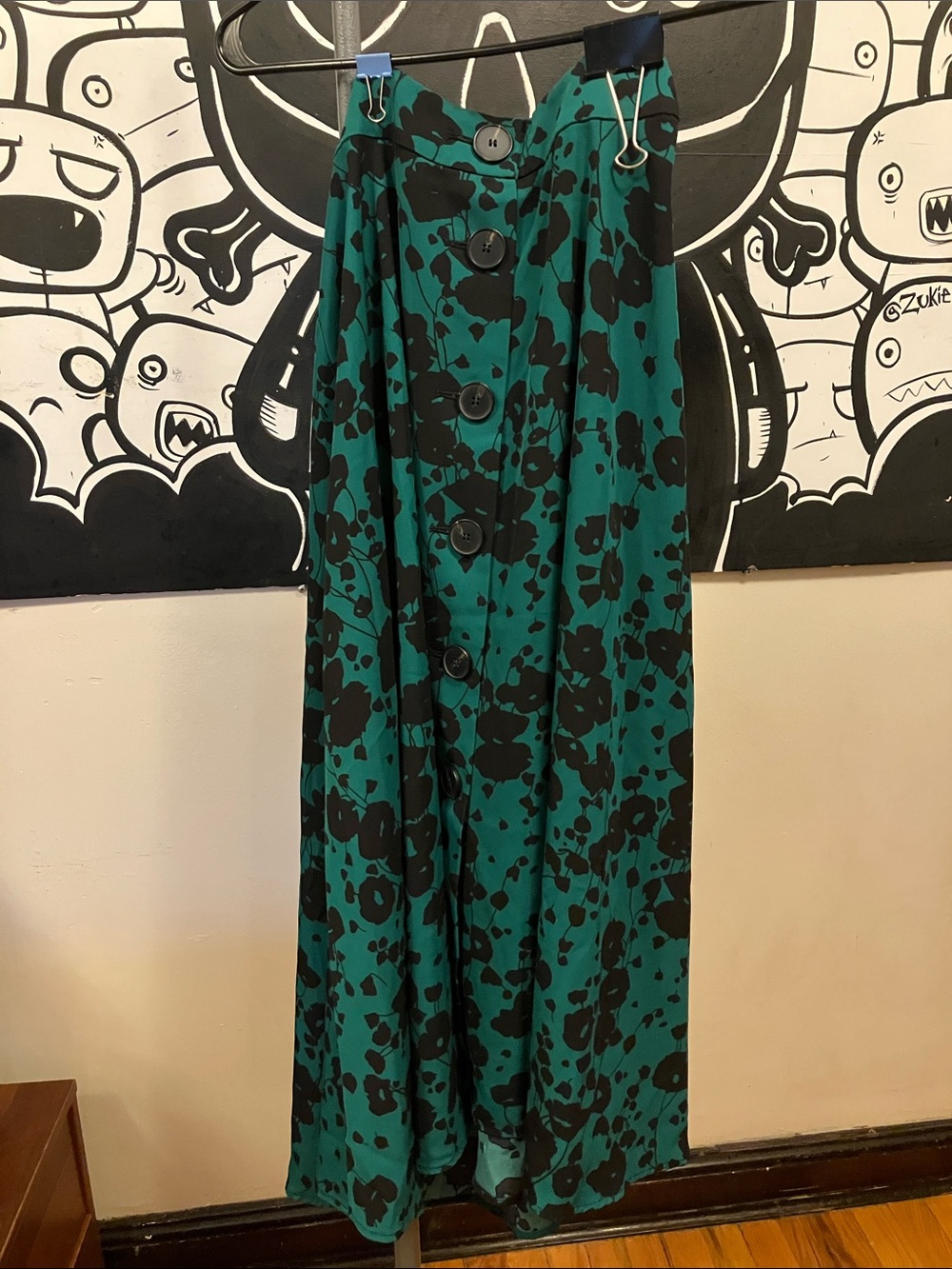 Worthington Teal and Black A-Line Button-Front Skirt